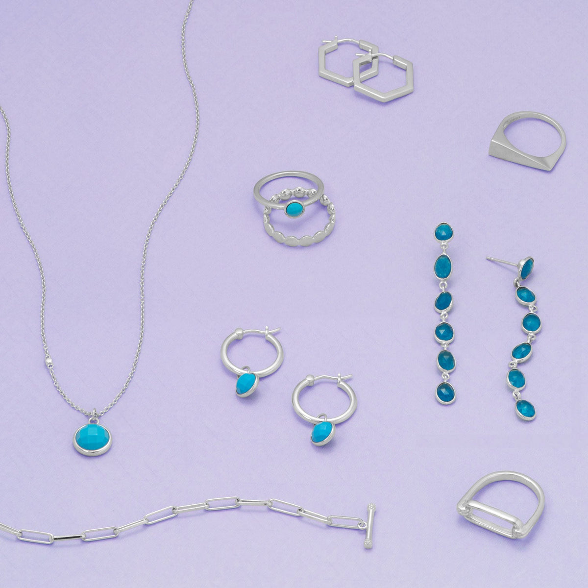 Rhodium Plated Hoop Earrings with Faceted Turquoise Charm