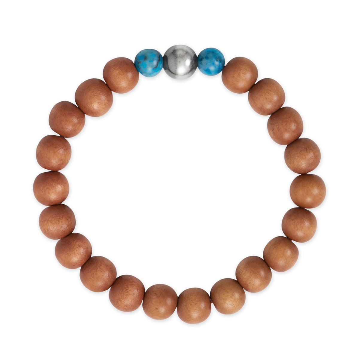 8" Blue Agate, Wood and Silver Bead Stretch Bracelet