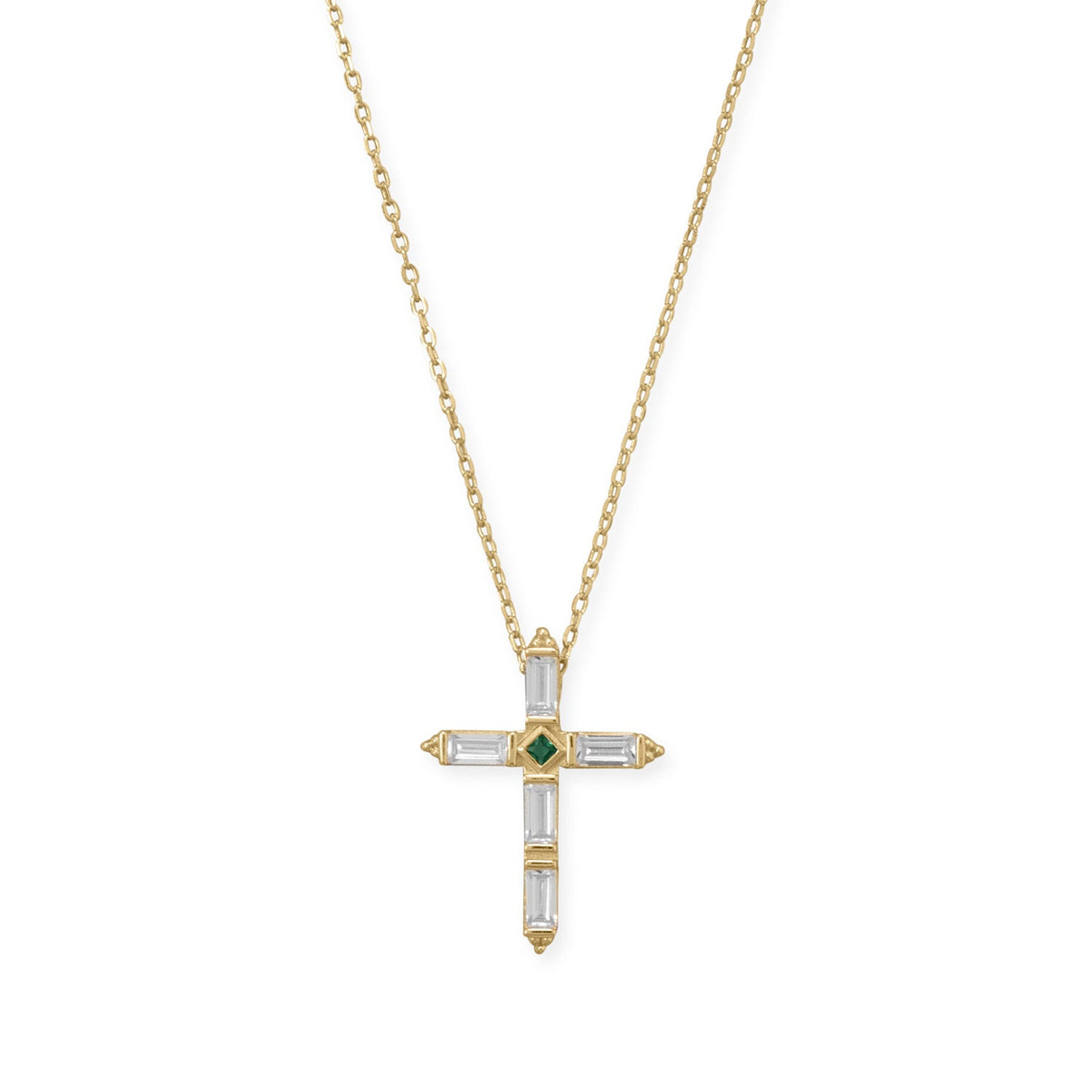 Bodacious Baguettes! 16" + 2" White and Green CZ Cross Necklace