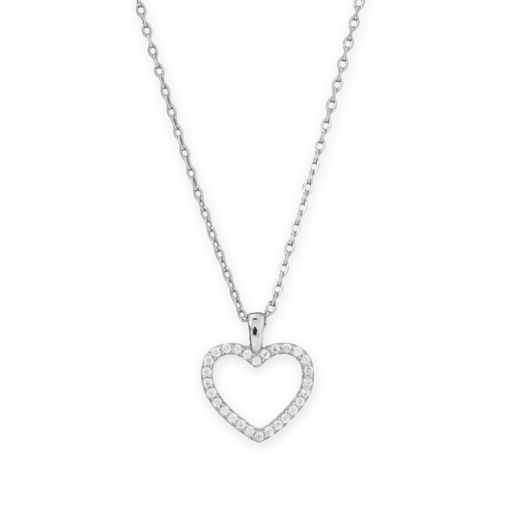 16" + 2" Rhodium Plated CZ Heart Necklace