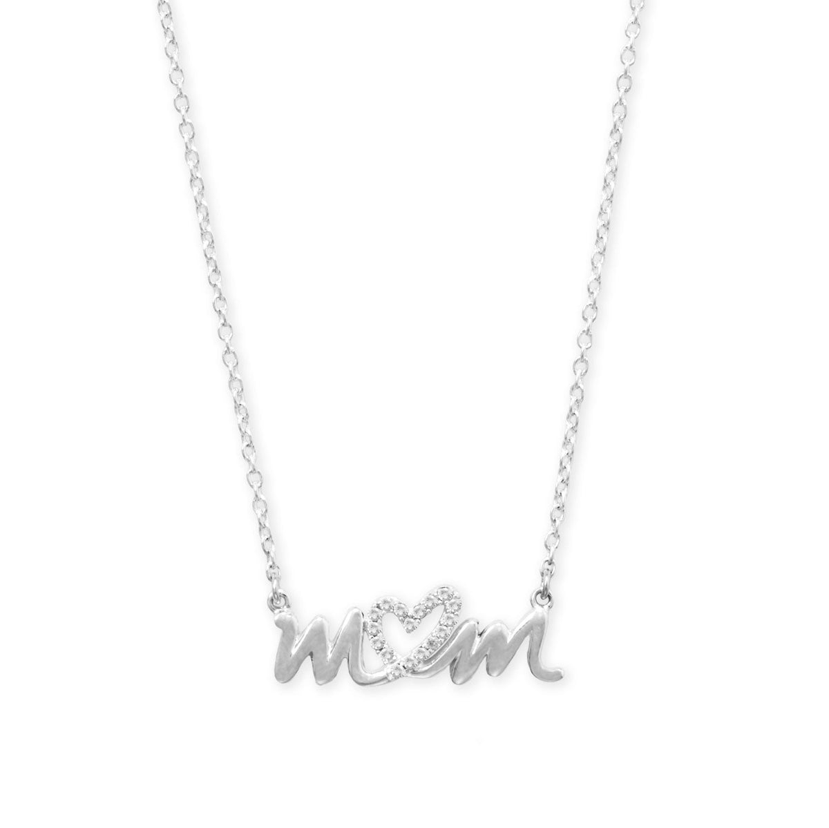 16" + 2" Rhodium Plated CZ Heart "mom" Necklace