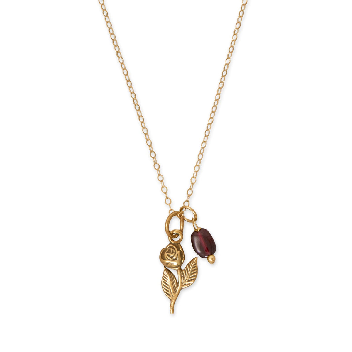 18" 14 Karat Gold Plated Rose and Garnet Gem Drop Necklace