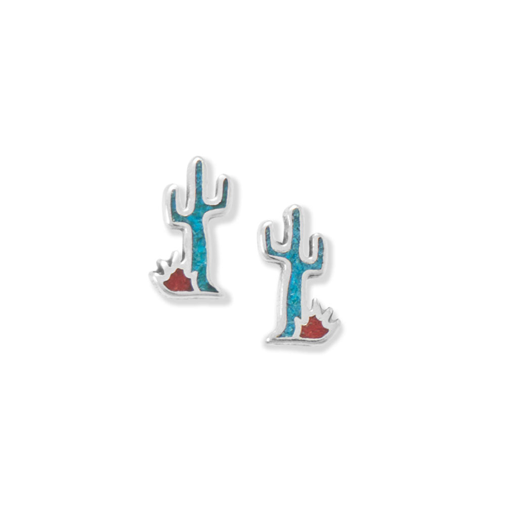 Oxidized Turquoise and Coral Chip Saguaro Cactus Stud Earring