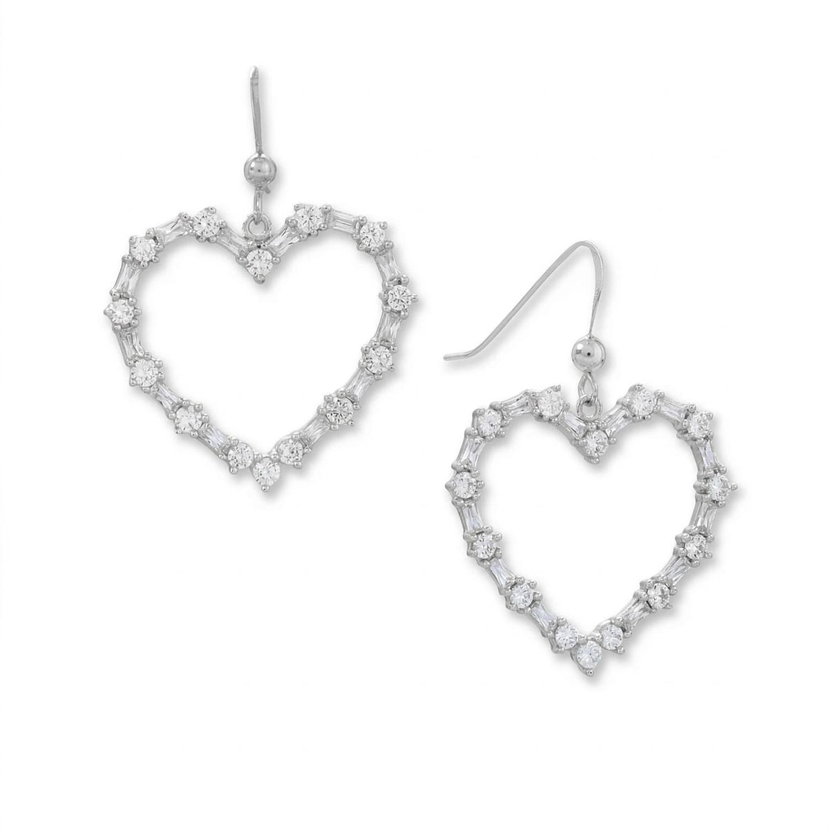 Rhodium Plated CZ Heart Outline Earrings