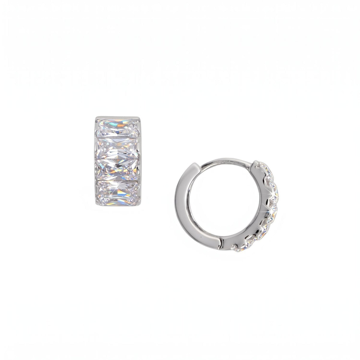 Rhodium Plated Baguette CZ Chunky Hoop Earrings