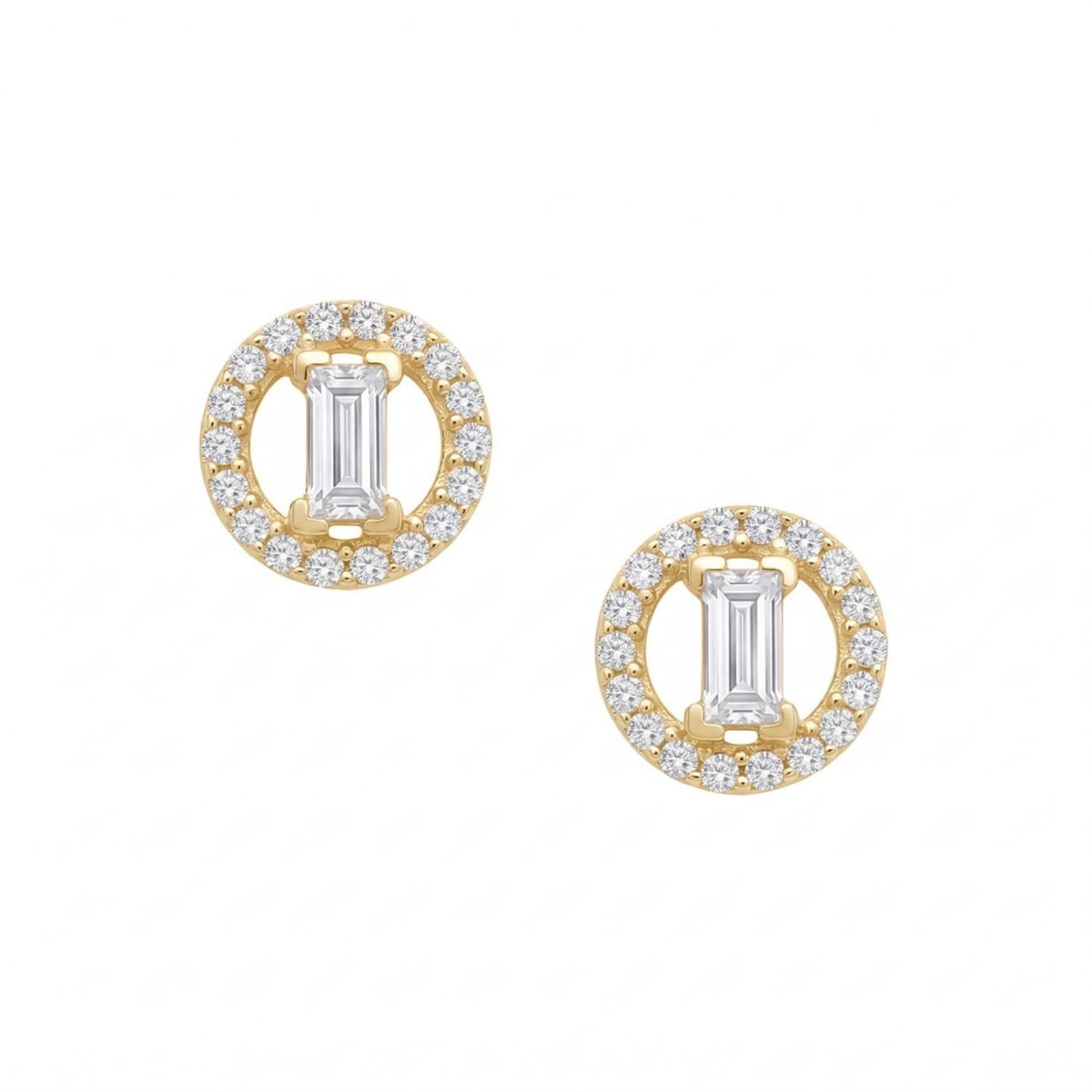 14 Karat Gold Plated Baguette and Halo CZ Stud Earrings