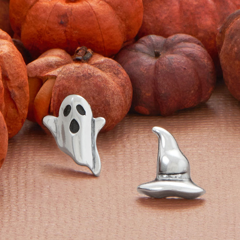 Oxidized Ghost and Witch Hat Stud Earrings