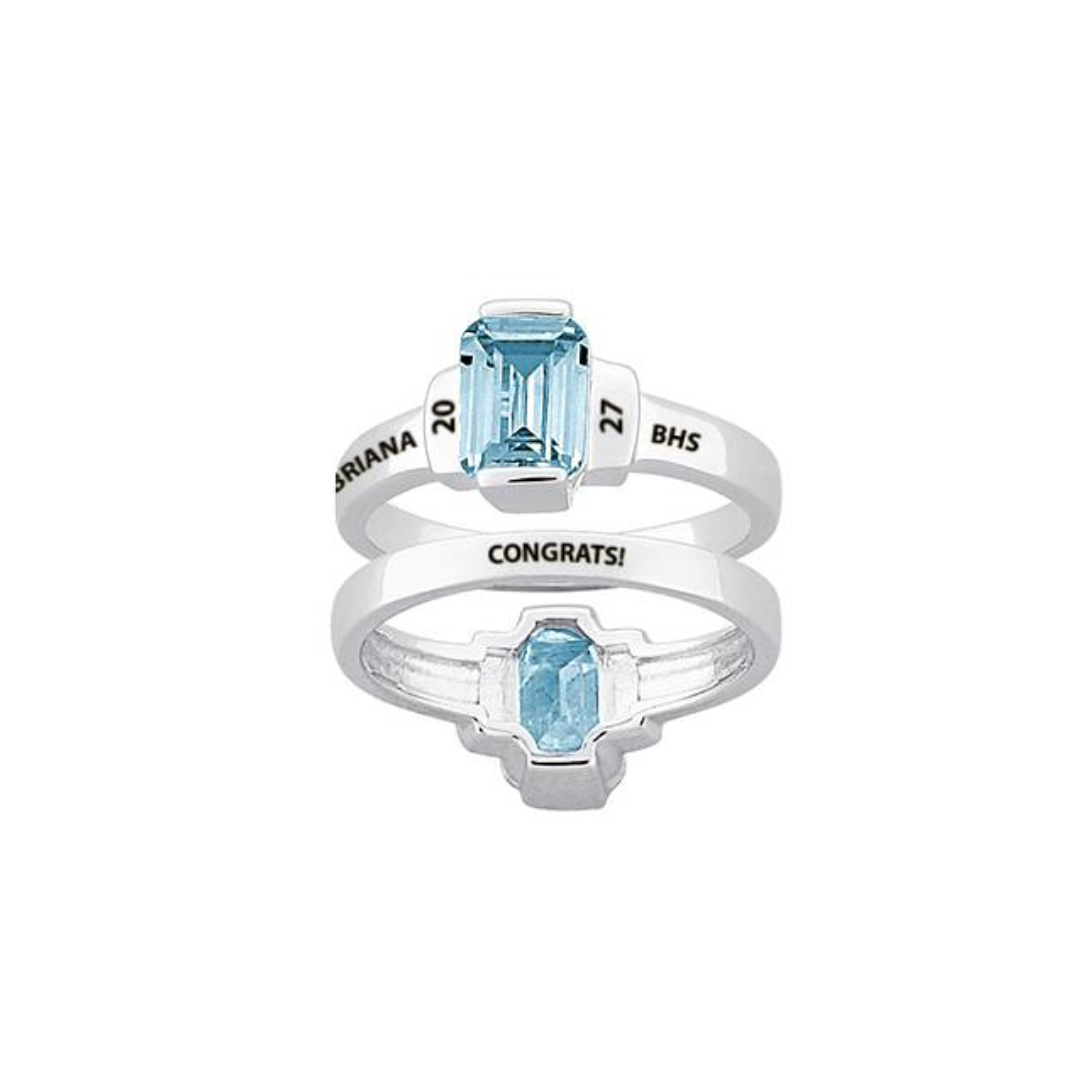 Promo Sterling Silver Emerald-Cut Birthstone Collared Class Ring