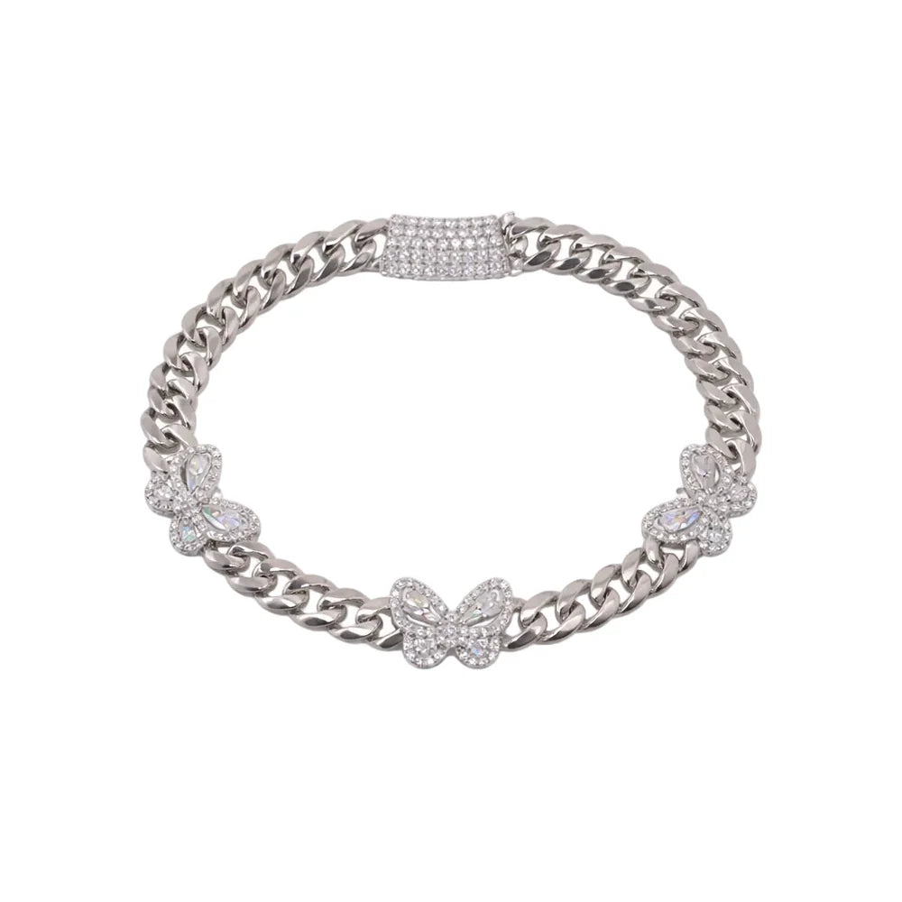 Sterling Silver Moissanite Multi-Butterfly Cuban Link Bracelet