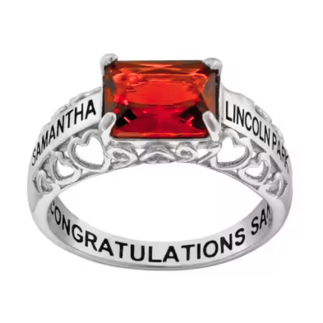 Sterling Silver Ladies Emerald Birthstone Class Ring w/ Hidden Year