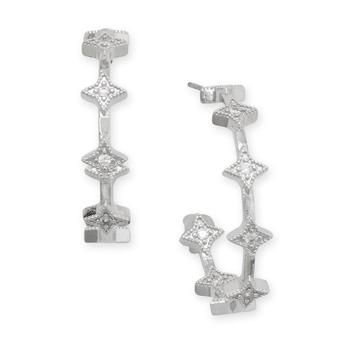 Rhodium Plated CZ Star In/Out Fashion Hoop Earrings