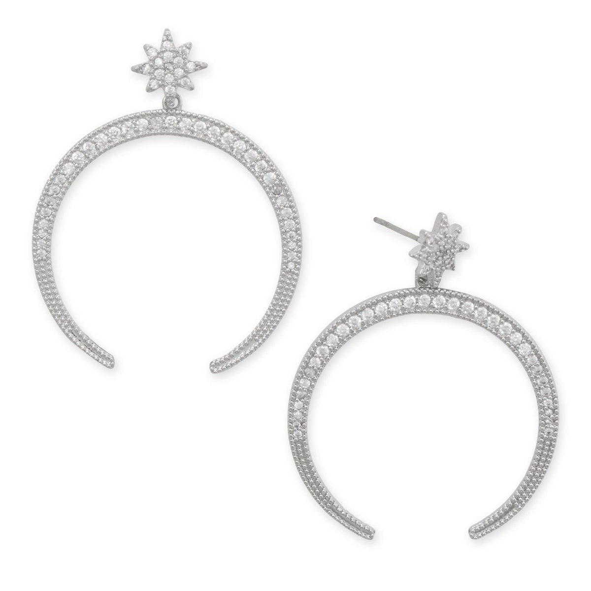 Rhodium Plated Star CZ and Crescent Drop Fashion Earrings