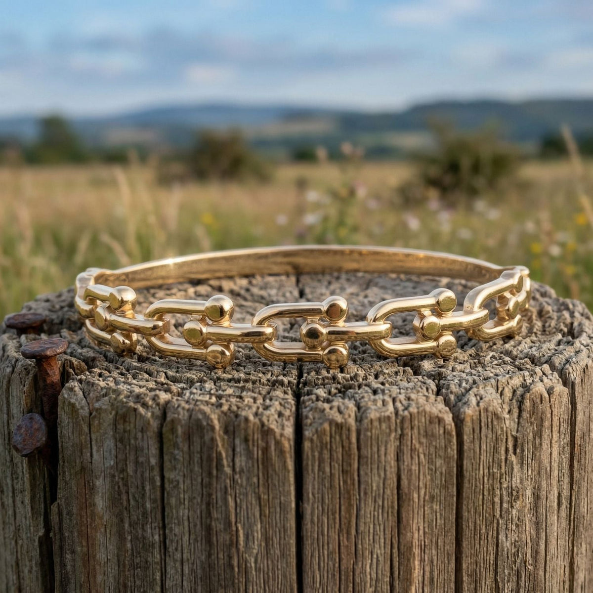 18 Karat Gold PVD Stainless Steel Horse Bit Hinged Bangle Bracelet