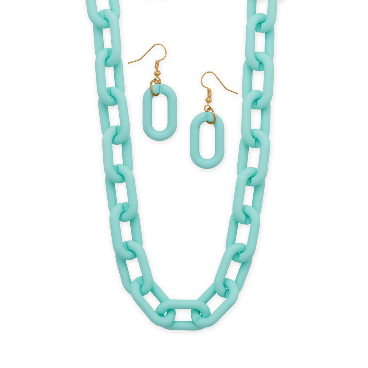 16" + 3" Gold Tone Pastel Blue Silicone Link Fashion Necklace and Earring Set