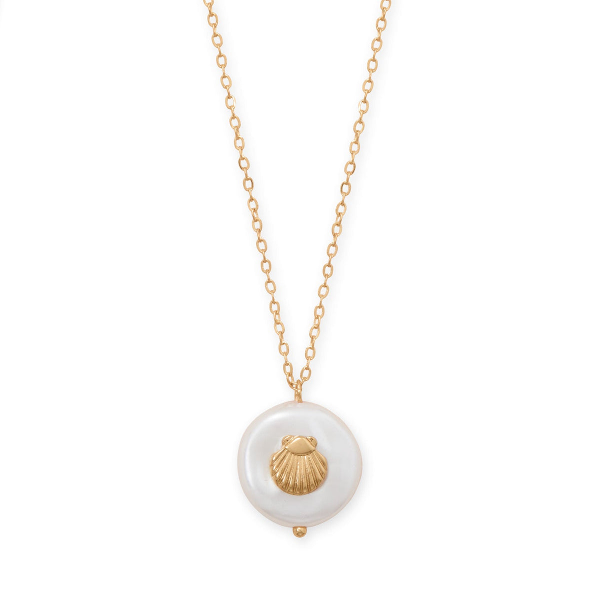 16" + 3" Gold Tone Imitation Coin Pearl and Seashell Fashion Necklace