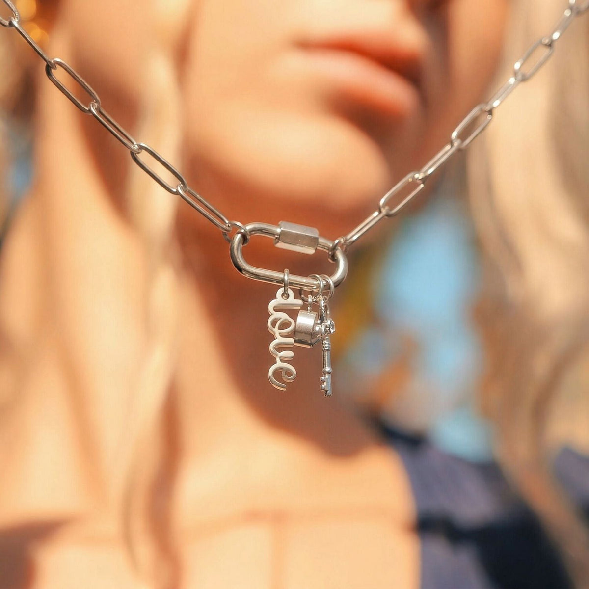 18" + 2" Stainless Steel Carabiner Love Charm Necklace