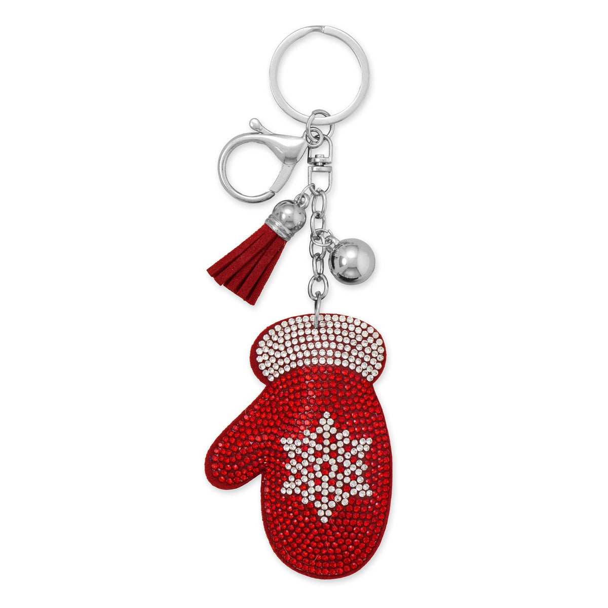 Silver Tone Red Crystal Mitten Bag Charm