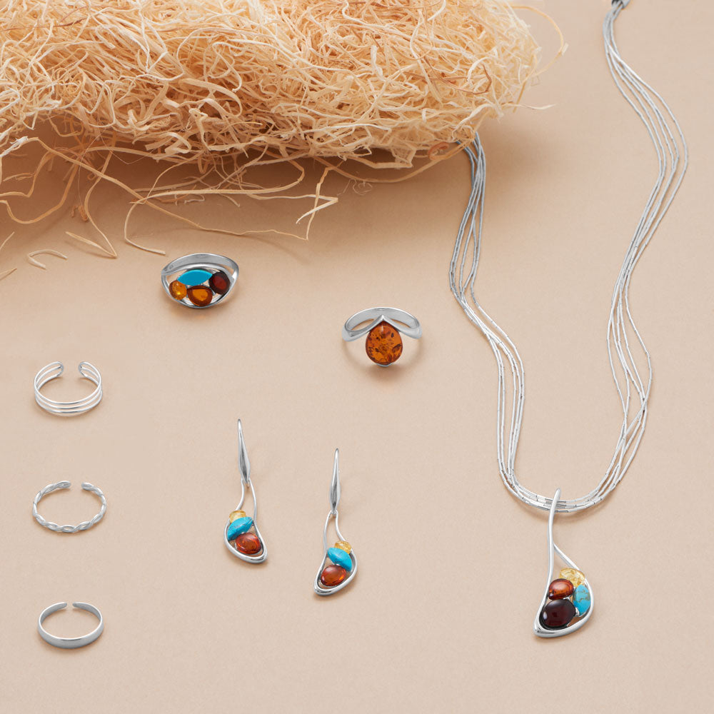 Multicolor Amber and Turquoise Ring