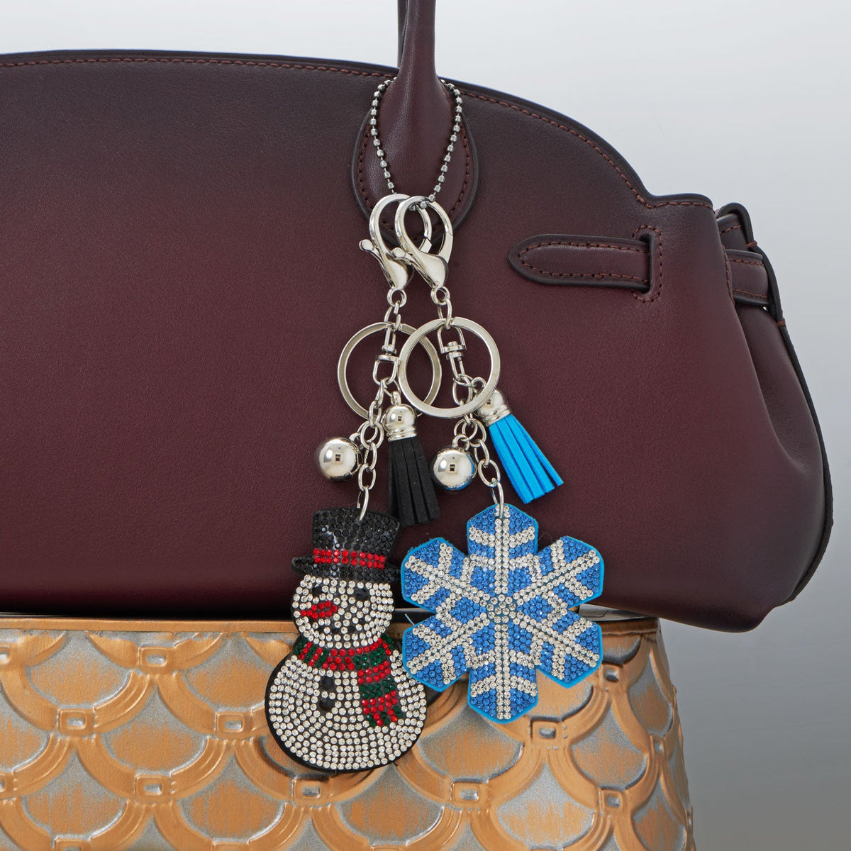 Silver Tone Crystal Snowman Bag Charm