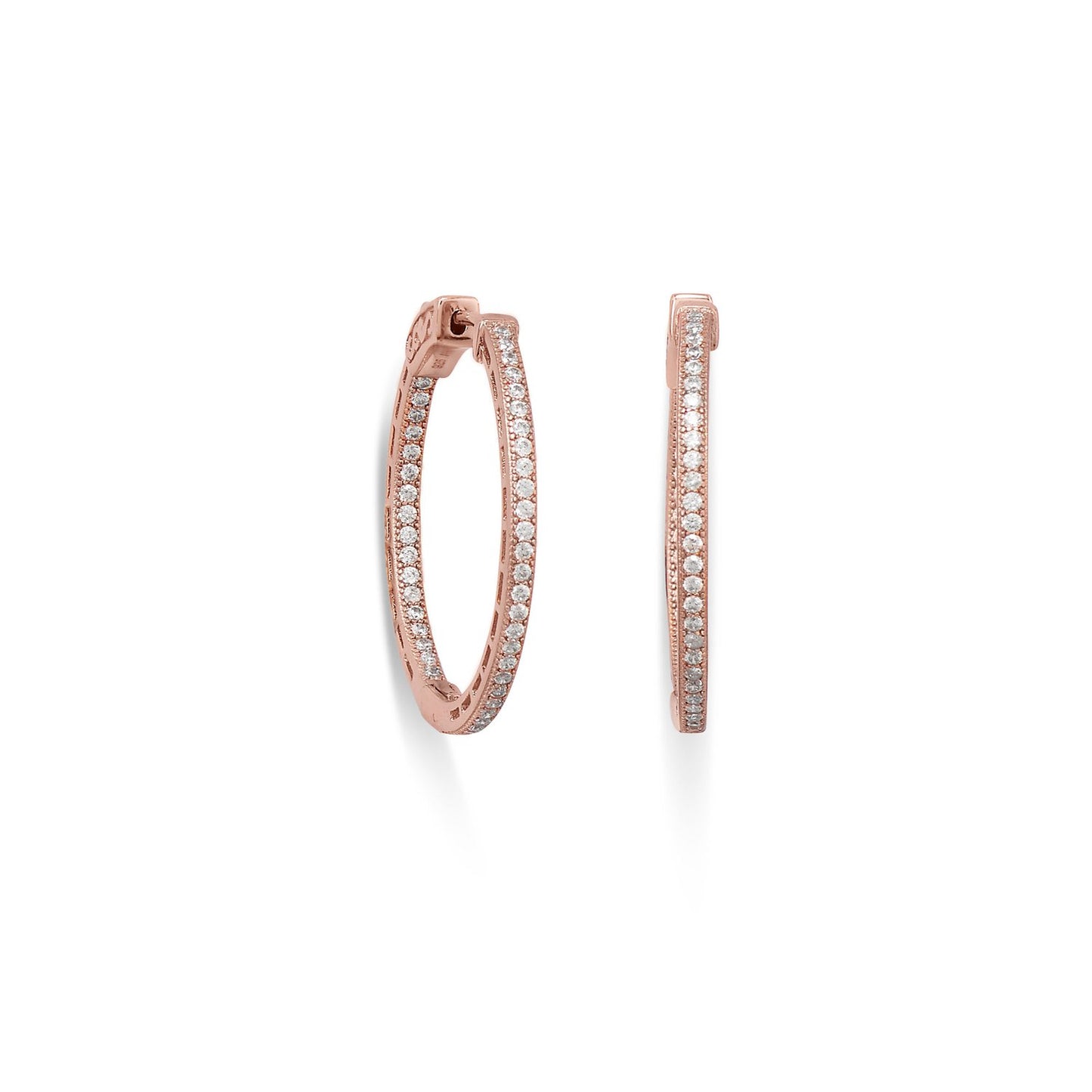 14 Karat Rose Gold Plated Round In/Out CZ Hoop Earrings