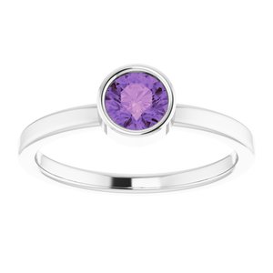 Rhodium-Plated Sterling Silver 5 mm Round Imitation Amethyst Ring