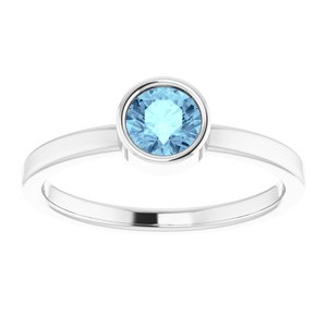 Rhodium-Plated Sterling Silver 5 mm Round Imitation Aquamarine Ring