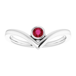 Platinum Chatham® Ruby Solitaire Bezel-Set "V" Ring