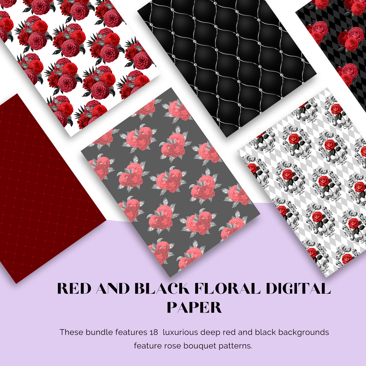 Red and Black Floral Digital Paper