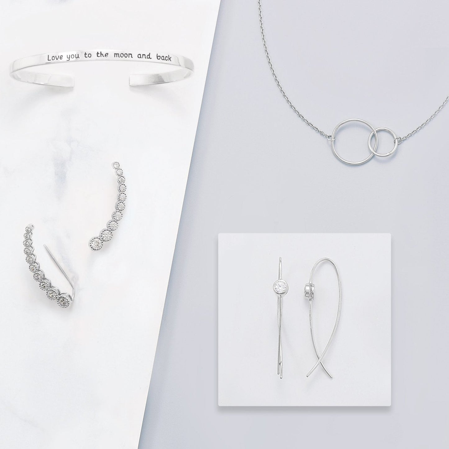 Textured Rhodium Plated Bezel CZ Ear Climbers