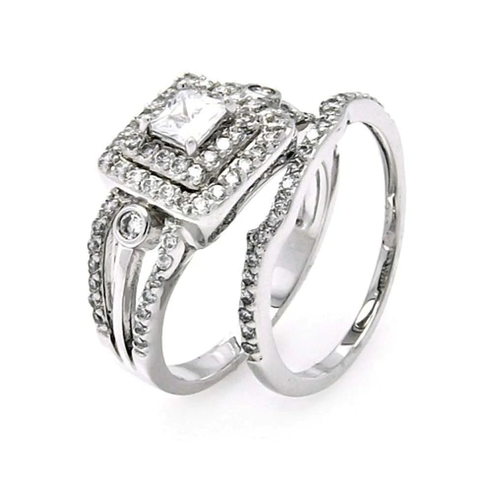 Sterling Silver Rhodium Plated Clear CZ Bridal Multi Layer Square Ring Set