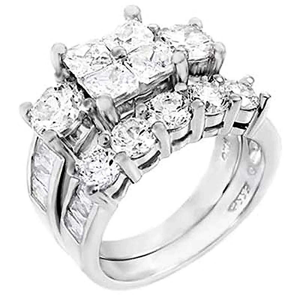 Sterling Silver Princess-Round-Baguette Cz Ring Set