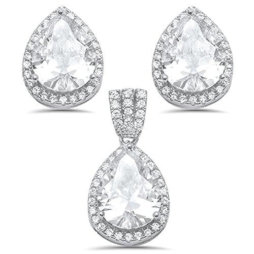 Pear Shape Cubic Zirconia .925 Sterling Silver Pendant & Earring Set