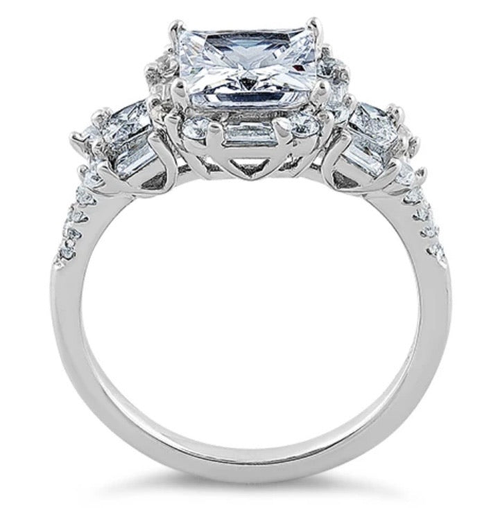 Sterling Silver Classic Princess, Emerald & Round Cut Clear CZ Ring