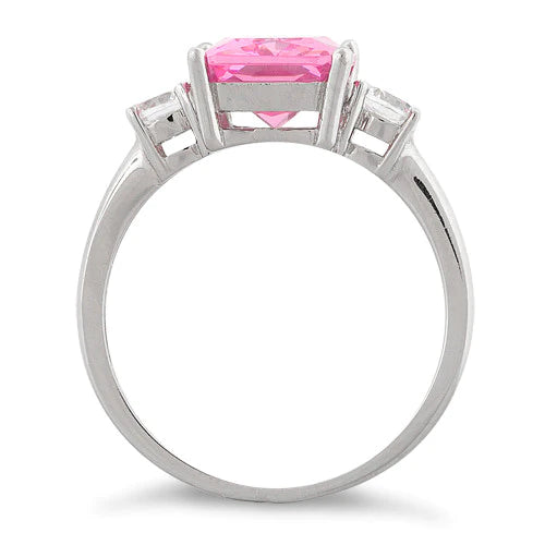 Anillo triple rectangular de plata de ley con circonita rosa