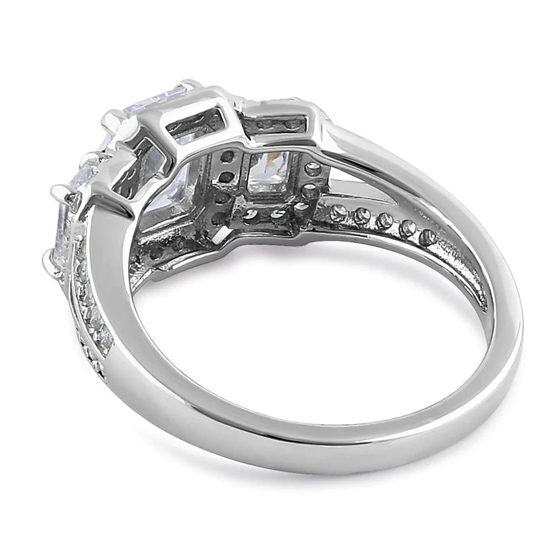 Anillo de compromiso con circonita transparente y halo rectangular triple de plata de ley