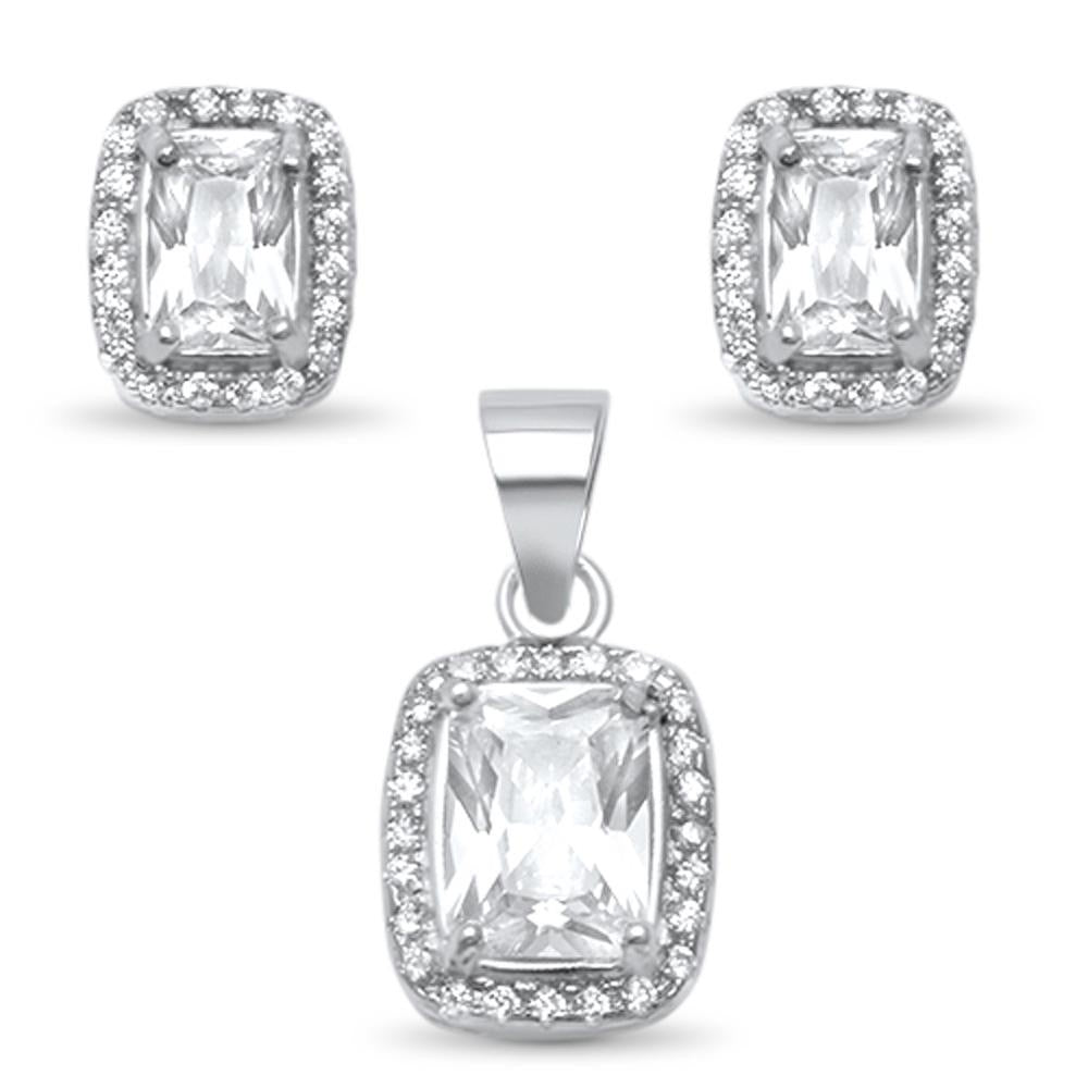 Radiant Cubic Zirconia Halo .925 Sterling Silver Earring And Pendant Set