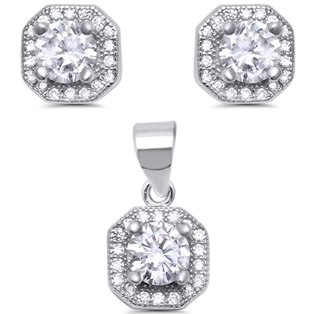Modern Cubic Zirconia Halo .925 Sterling Silver Earring & Pendant Set .5"