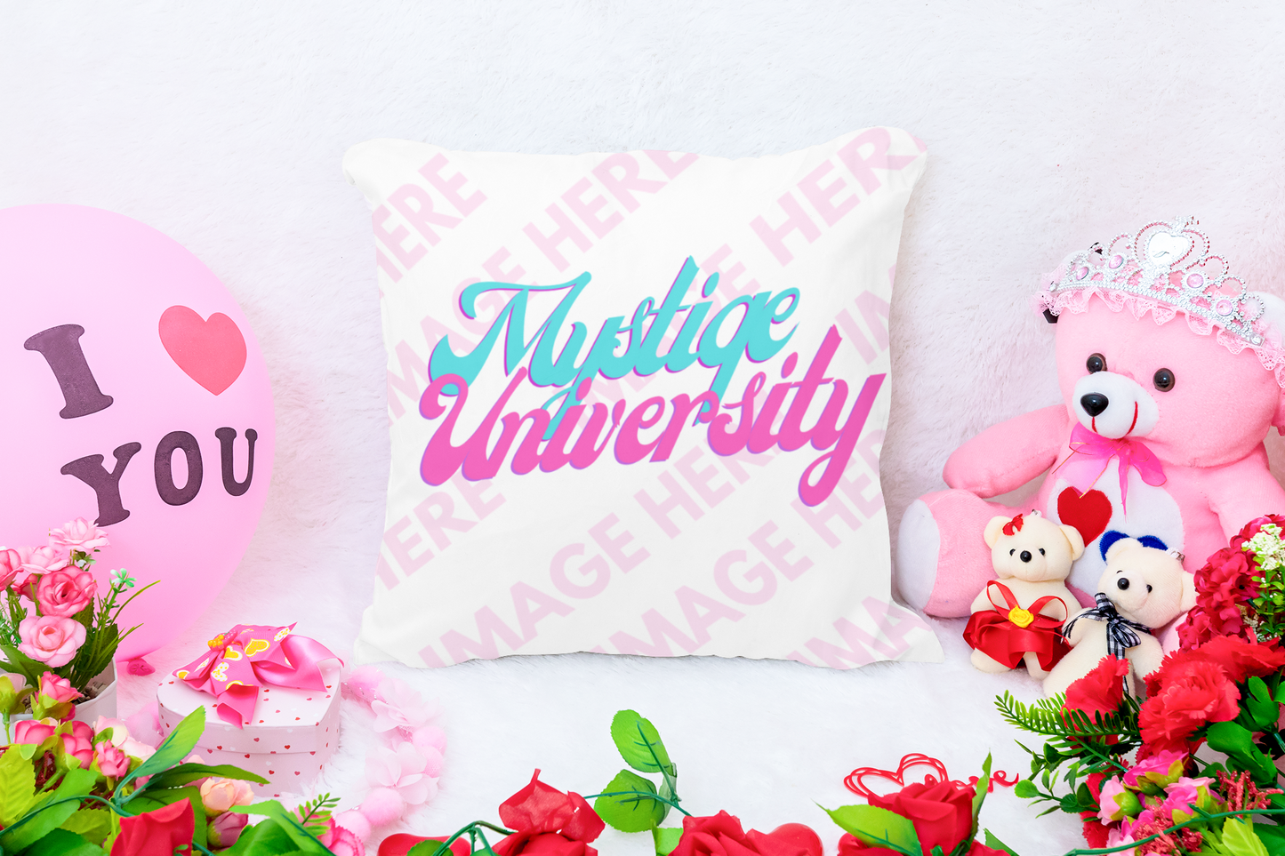 Mockup of a Pillow In Between a Pink Balloon and Teddy Bears