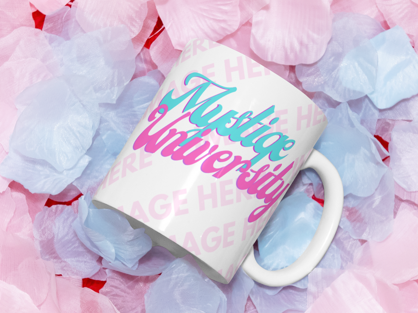 Mug Mockup on the Top of Some Blue and Pink Paper Decorations