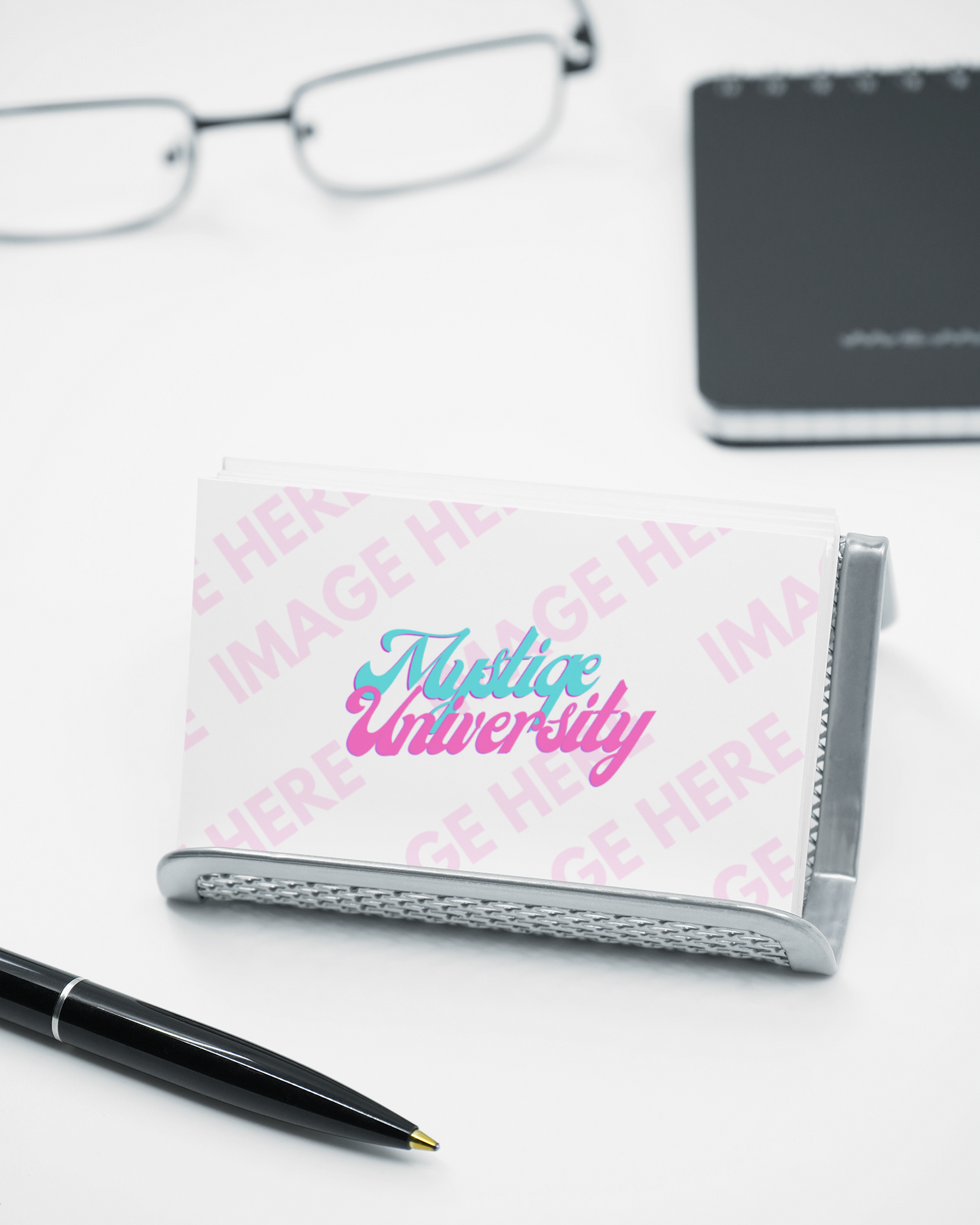 Business Cards in Holder on Office Desk Mockup