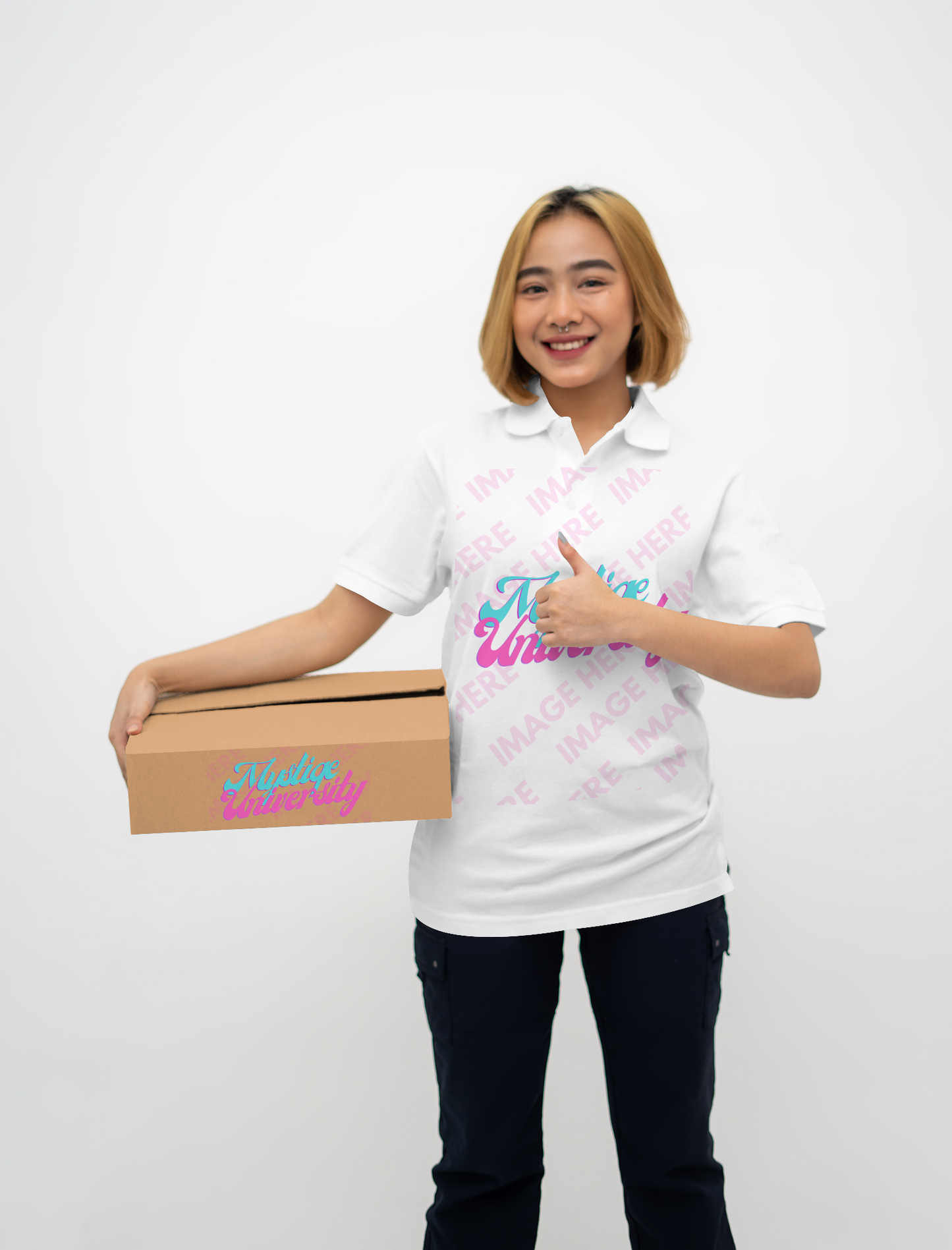 Box Mockup With a Woman Holding a Box in Right Hand
