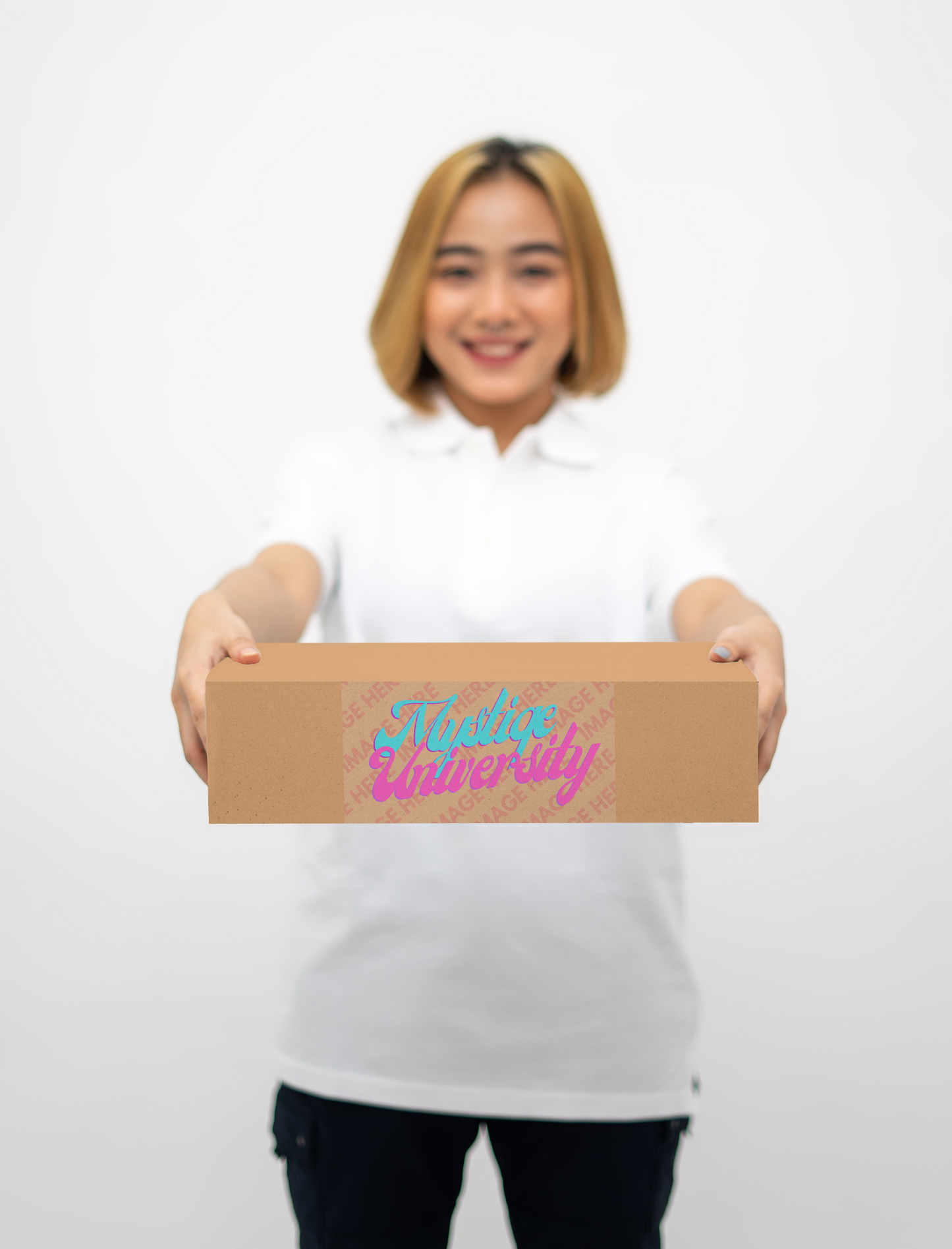 Box Mockup With a Woman Giving a Box