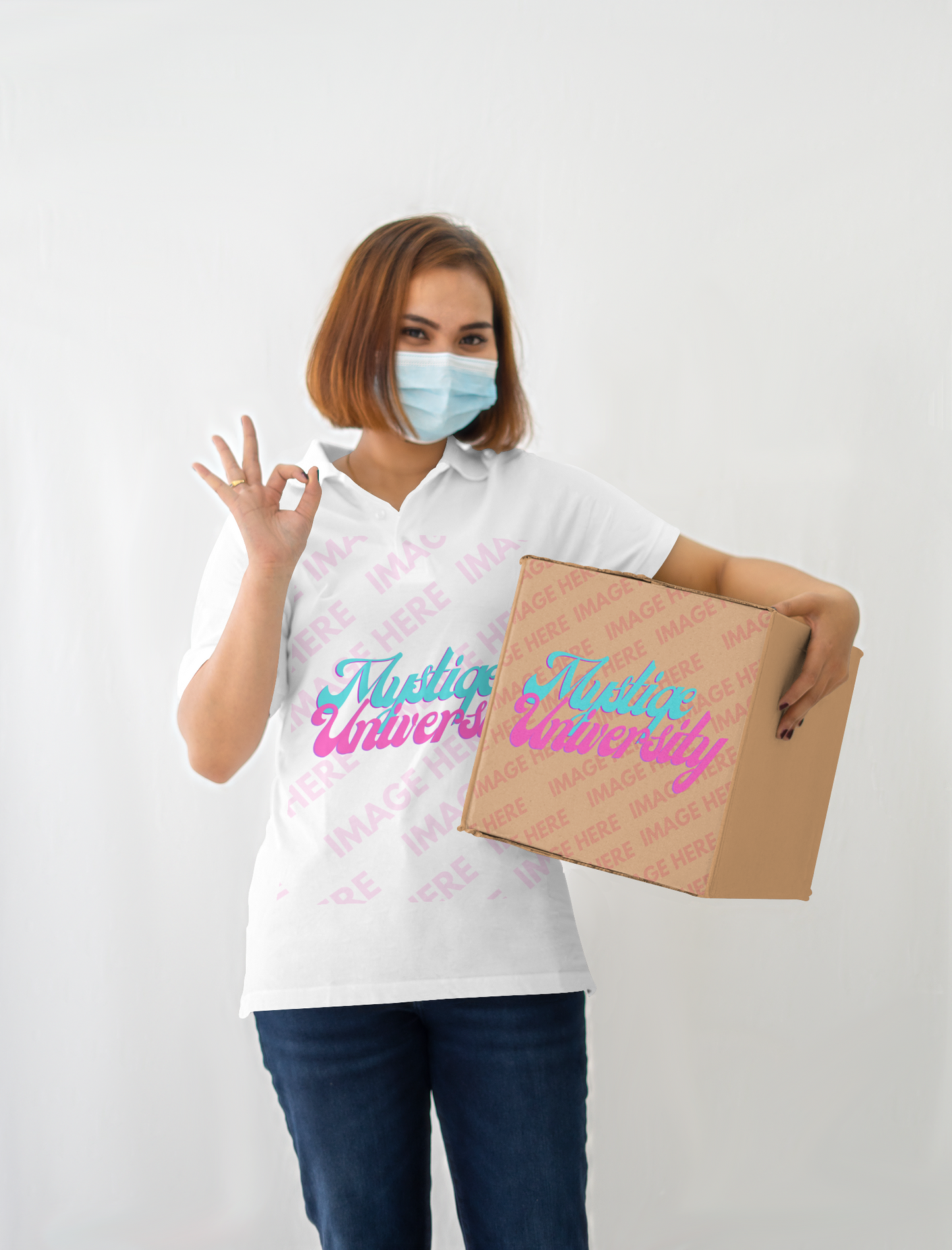 Box Mockup With a Woman Giving an ok Hand Sign