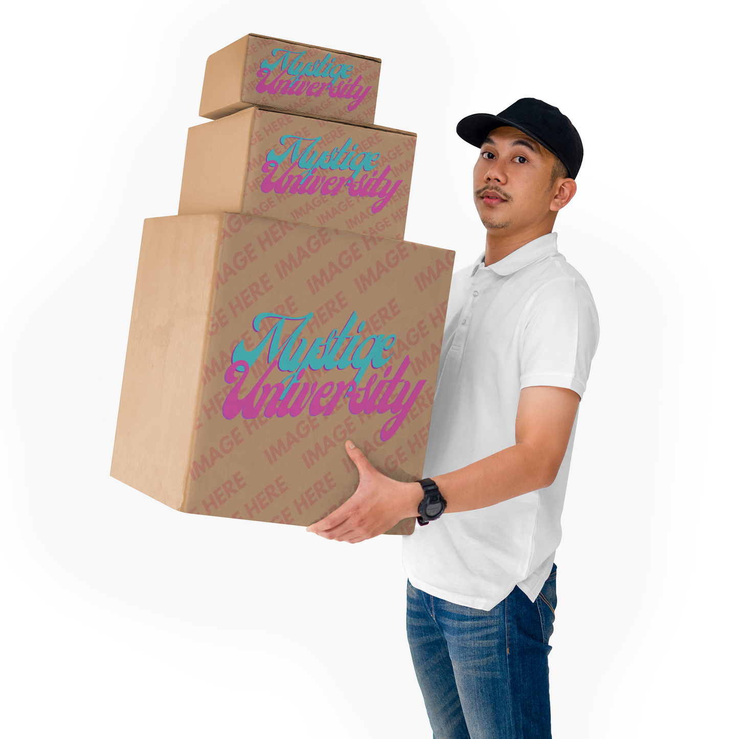 Box Mockup With Side View of a Man Holding Three Box