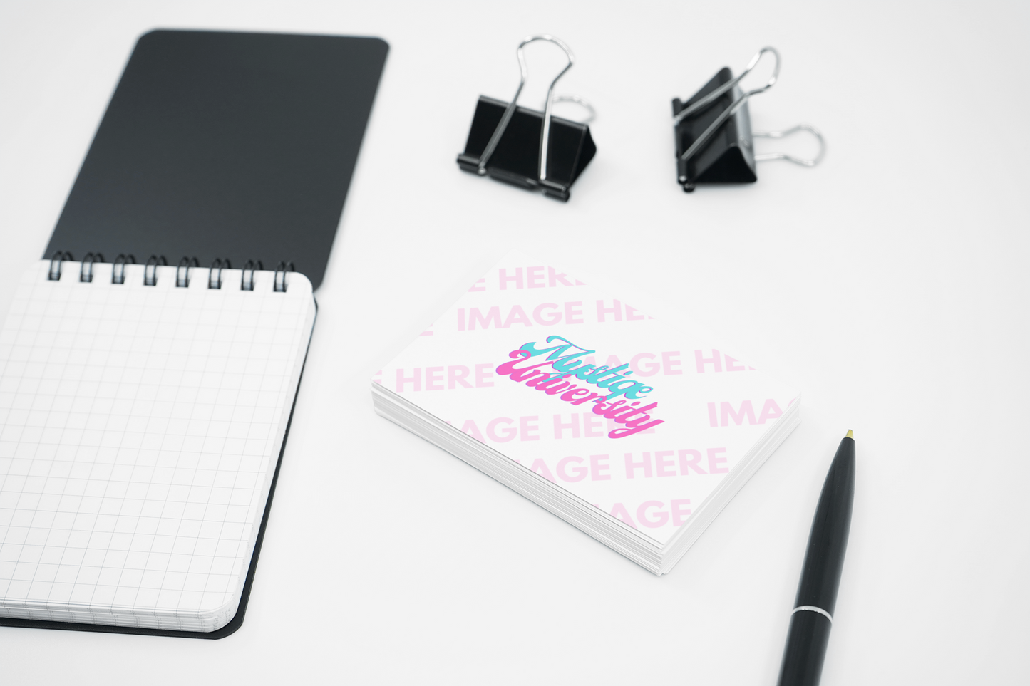 Stack of Business Cards with Office Supplies Mockup