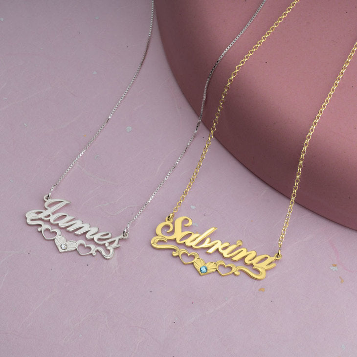 Rose Gold Plated Birthstone Name Necklace with Underline Hearts