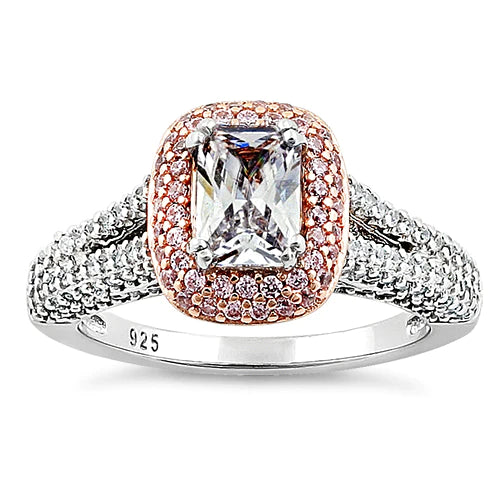 Anillo de plata de ley chapado en oro rosa de dos tonos con circonita transparente y rosa de talla redonda y esmeralda