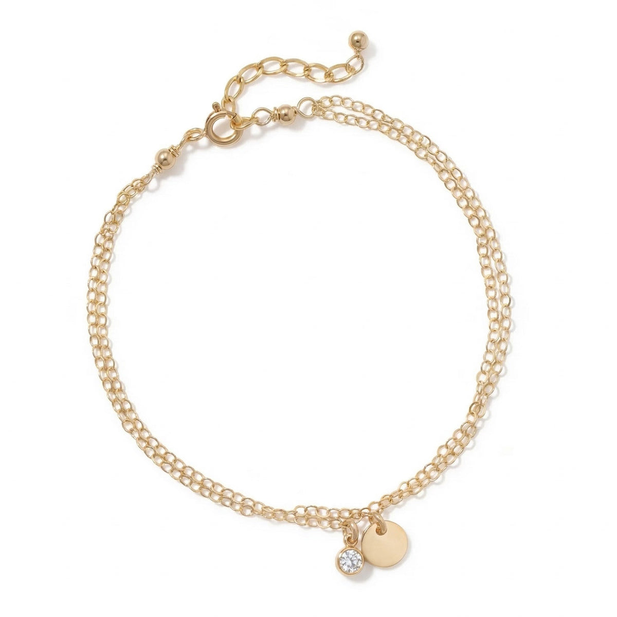 6.5" + 1" 14/20 Gold Filled 3mm Lab Grown Diamond and Disc Charm Bracelet