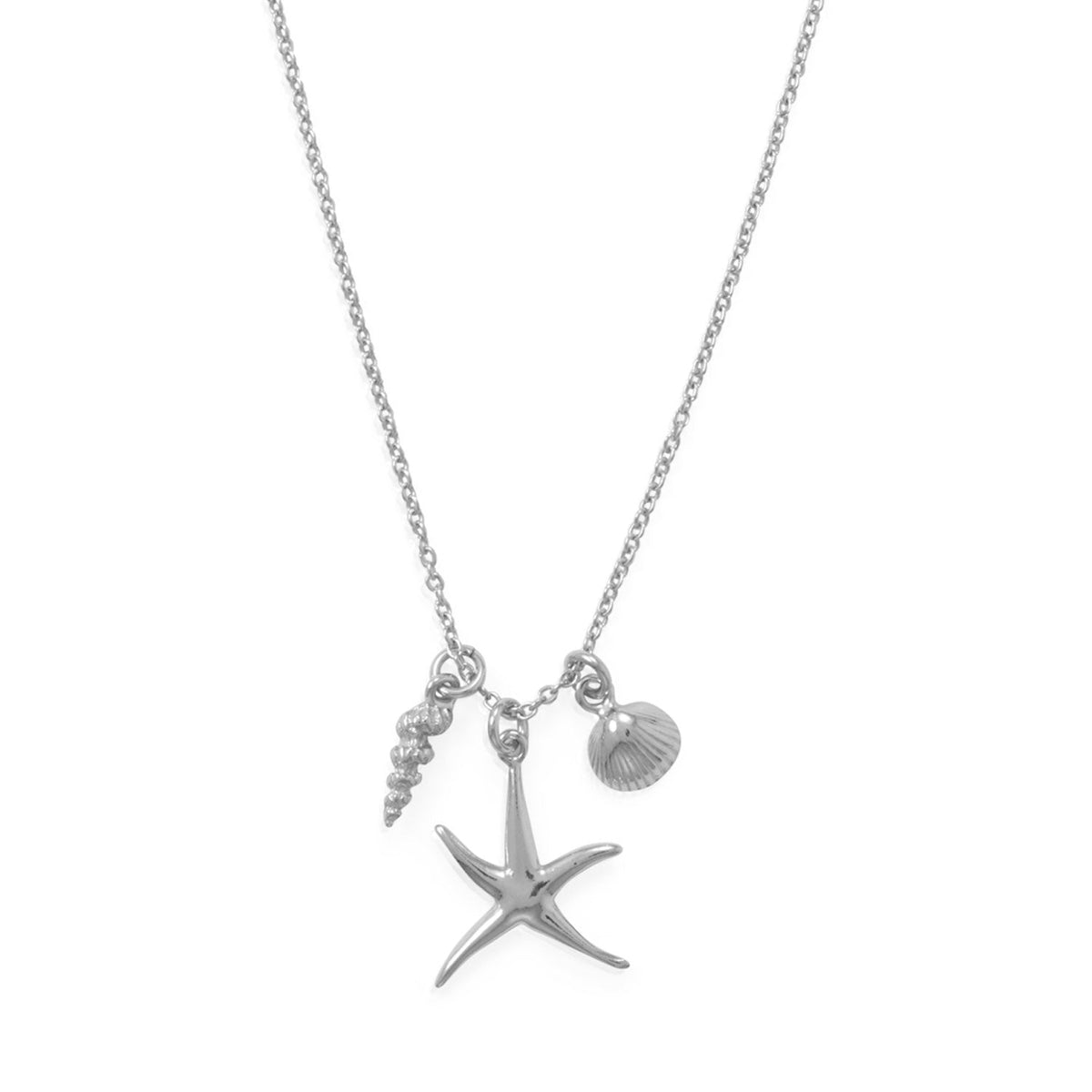 16" Rhodium Plated Starfish and Shells Charm Necklace
