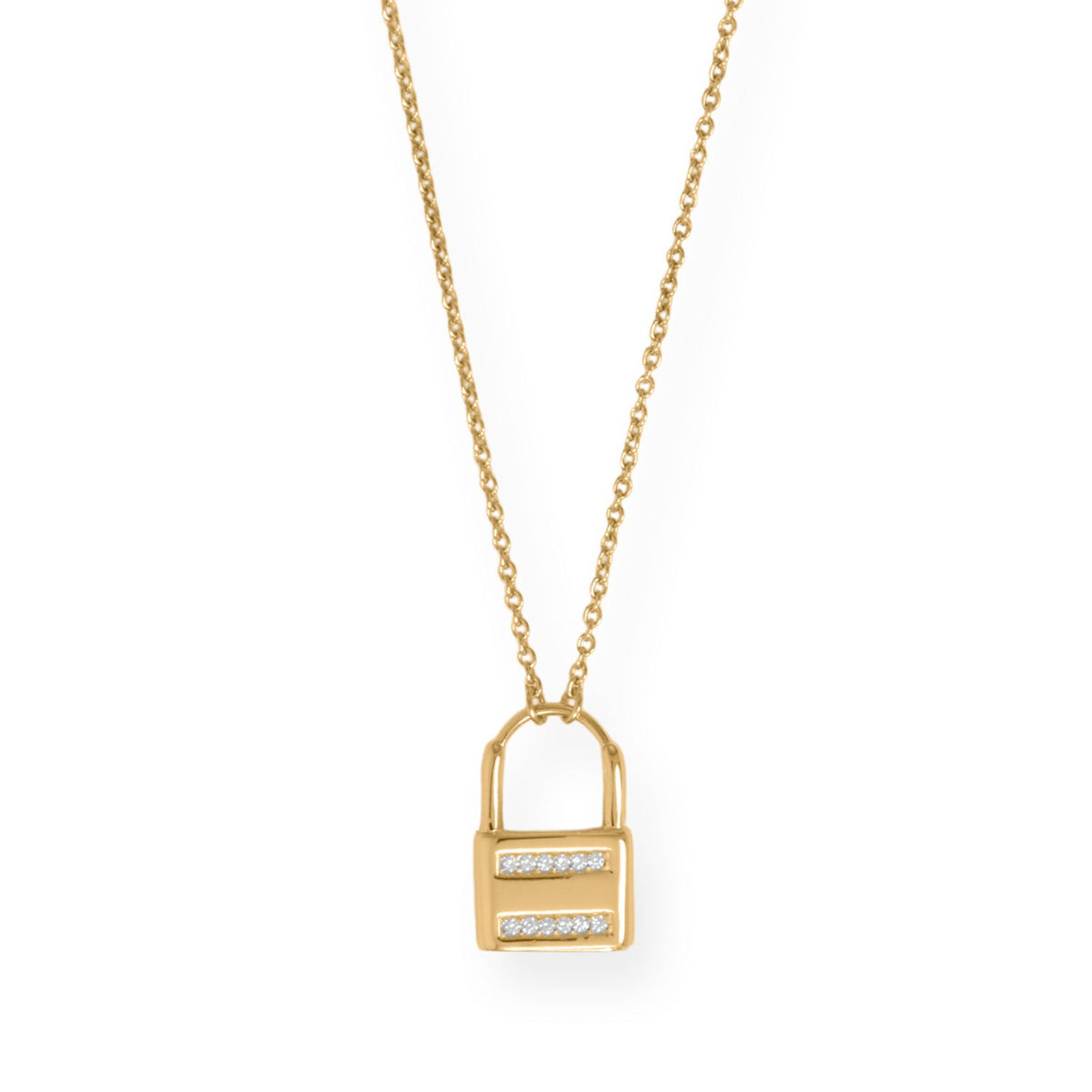 16" + 2" 14 Karat Gold Plated CZ Lock Necklace